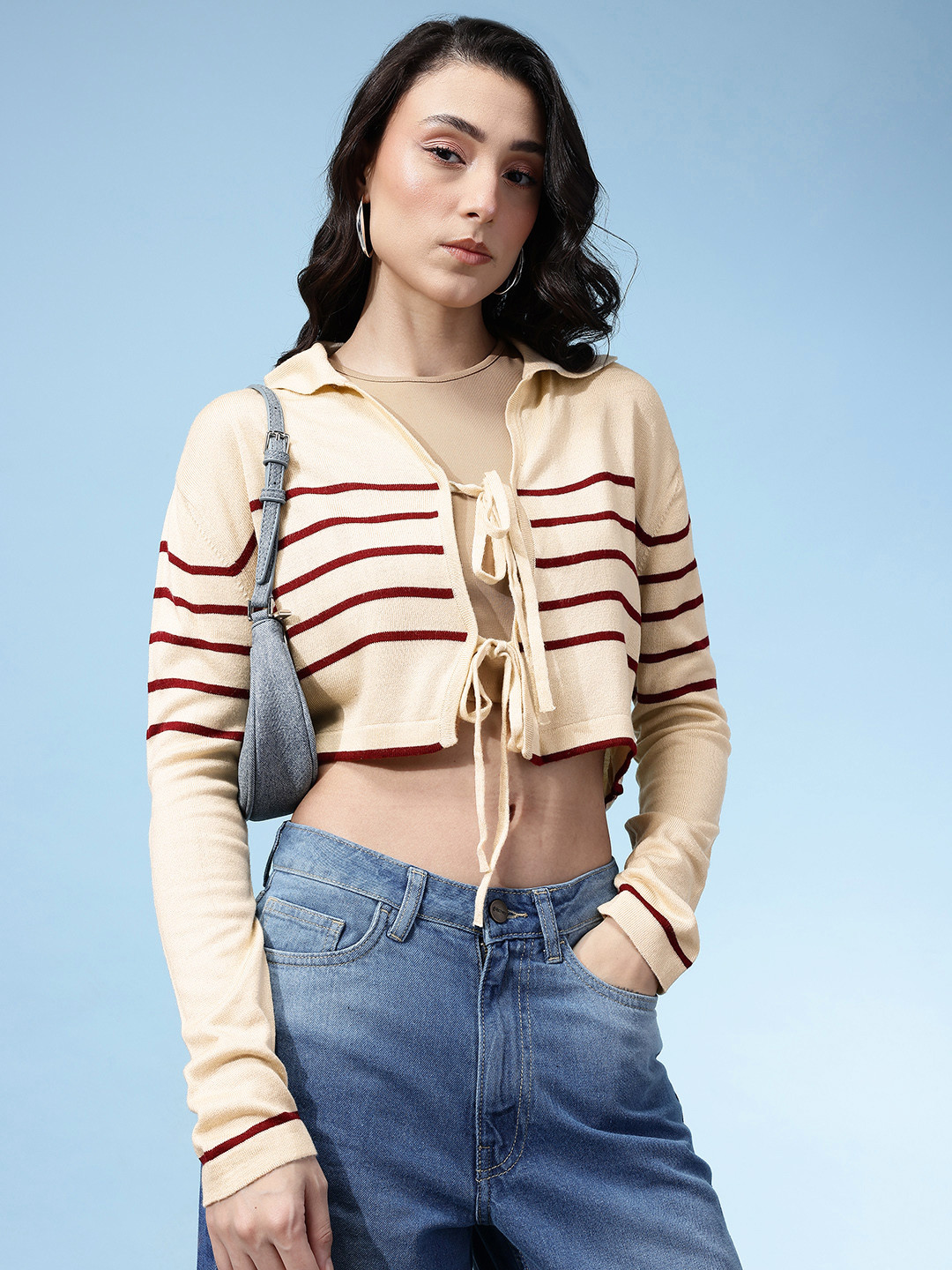 glitchez Women Tie-Ups Relaxed Fit Striped Crop Cardigan