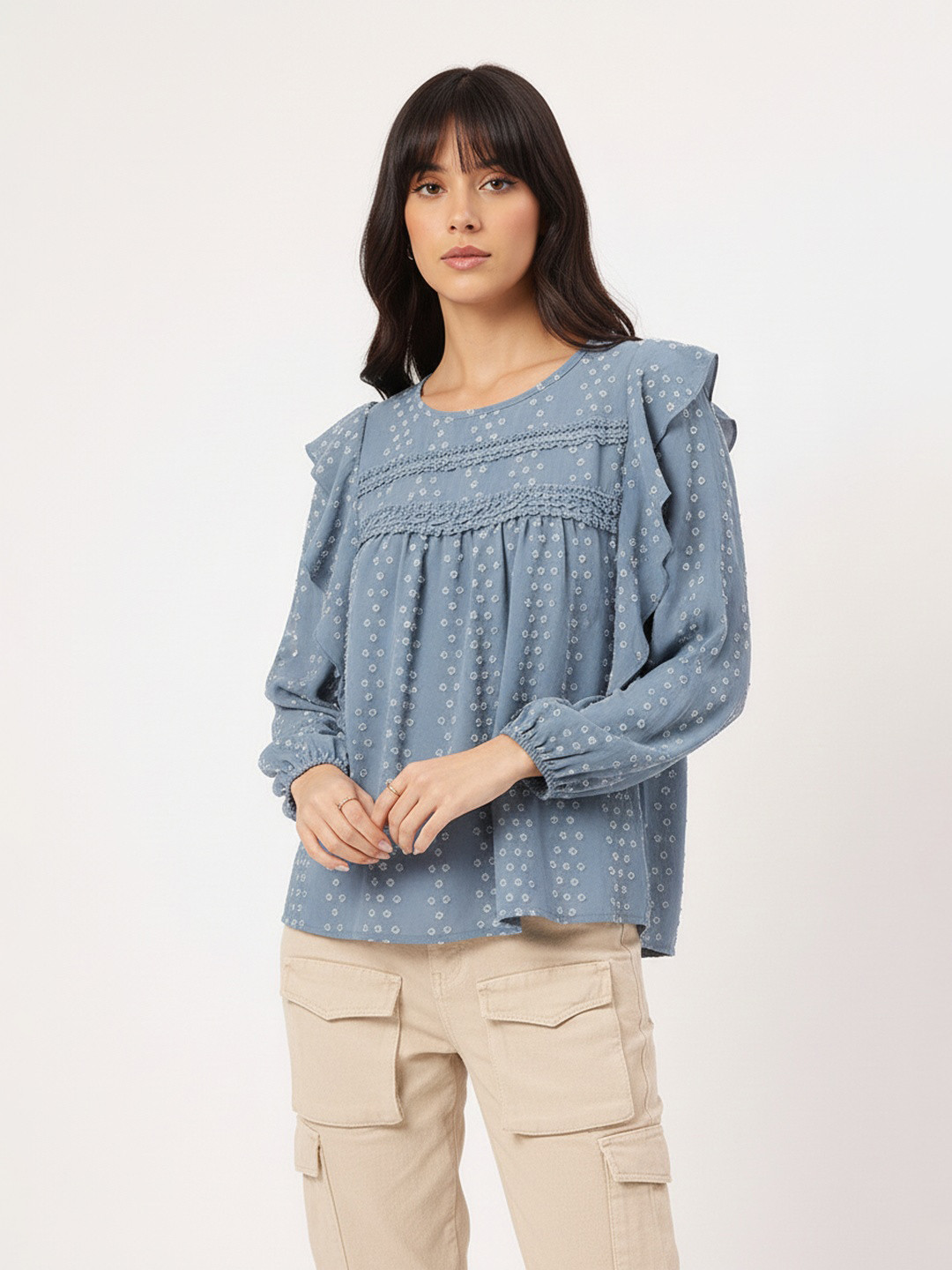 DressBerry Cozy Kawaii Dobby Weave Lace Inserts Ruffled Top