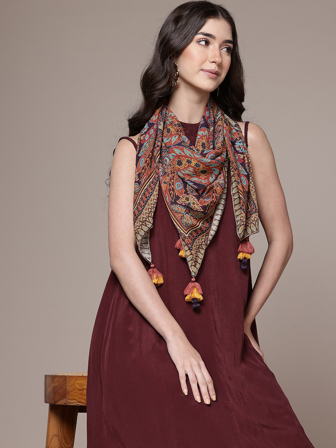 Ritu Kumar Chiffon Fit & Flare Midi Dress with Scarf