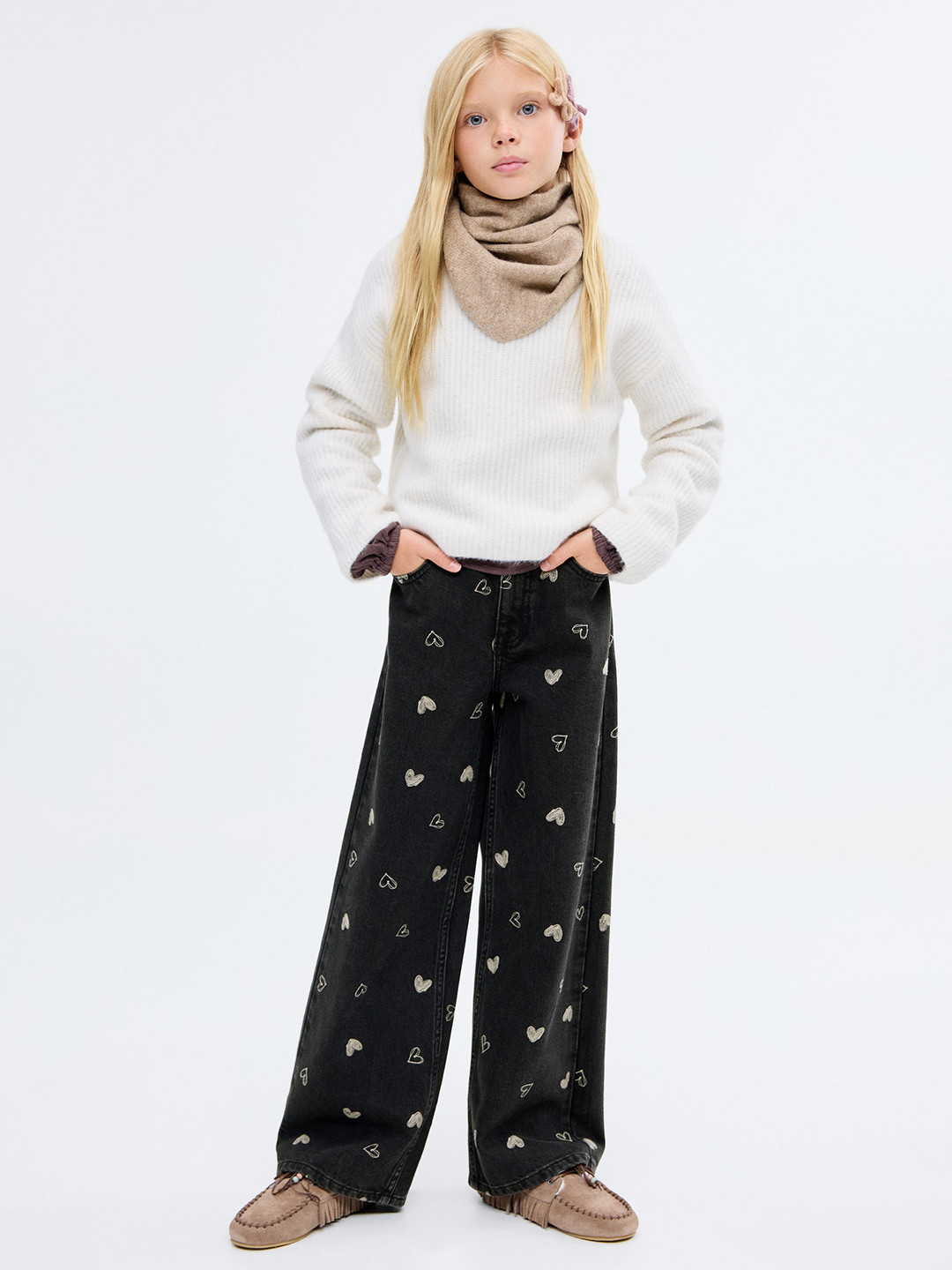 Mango Kids Girls Wide Leg Mid-Rise Light Fade Embroidered Pure Cotton Jeans