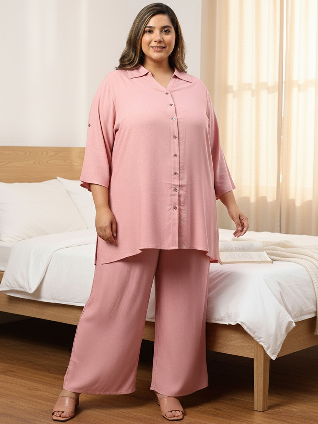 Indietoga Women Plus Size Solid Rayon Longline Shirt and Pyjama Night Suit
