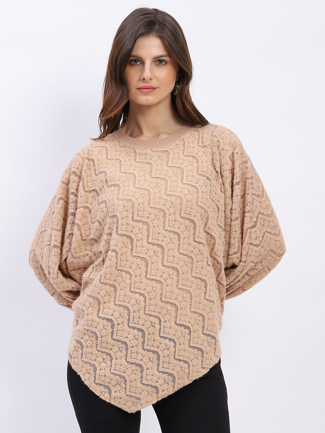 Global Republic Self Design Round Neck Cable Knit Poncho