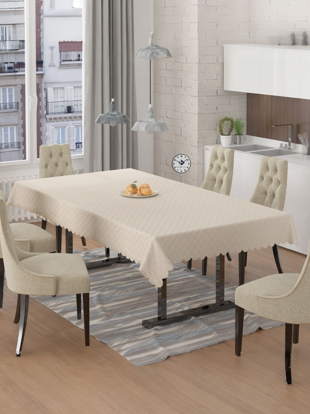 BIGGER FISH Cream-Coloured Anti-Skid Cotton 6-Seater Dinning Table Cover