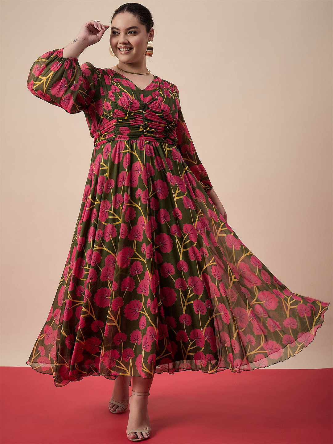 Antheaa Curve  Floral Printed Gathered Or Pleated A-Line Midi Chiffon Dress