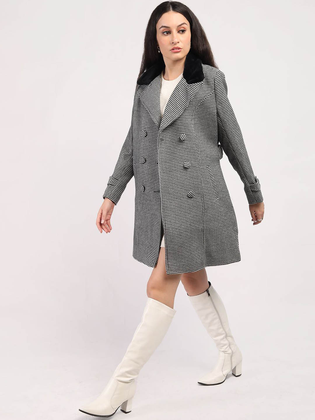 HONNETE Women Checked Double Breasted Winter Coat