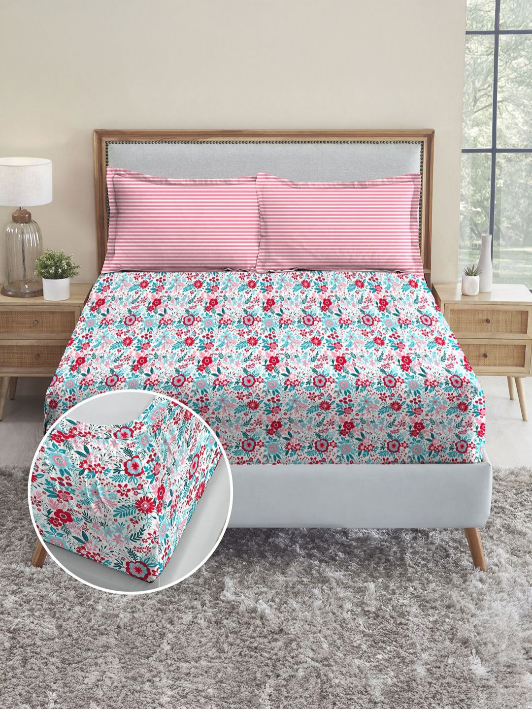 MYTRIDENT Urban Comfort Floral Print 144 TC King Size Fitted Bedsheet with 2 Pillow Covers
