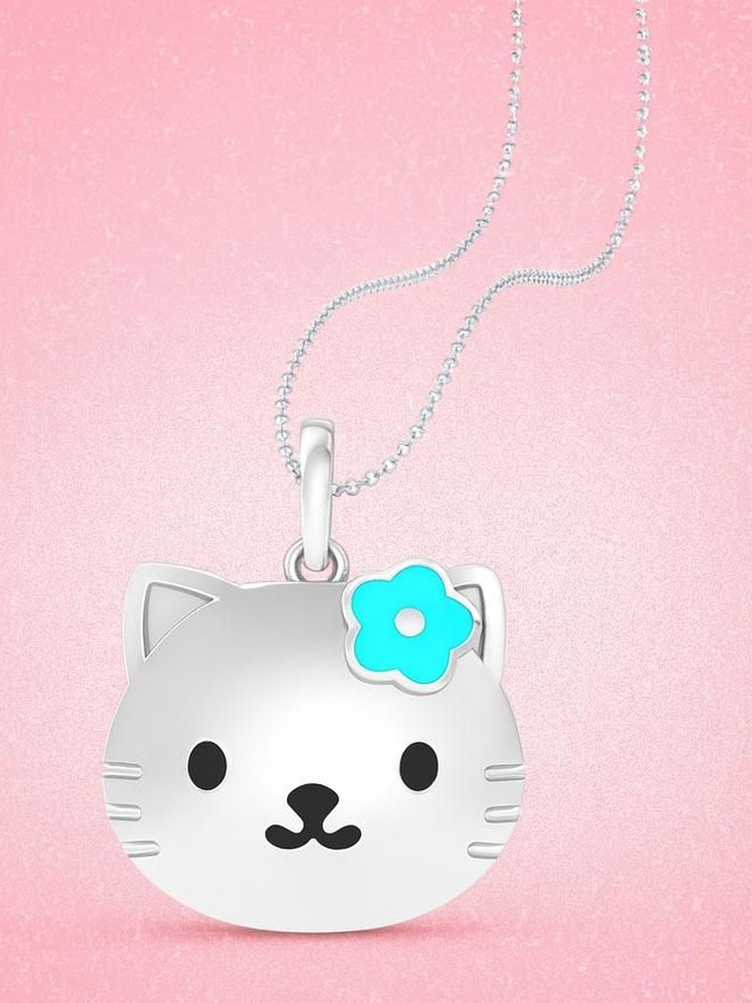925 SILLER Sterling Silver Rhodium-Plated Enamelled Hello Kitty Shaped Pendant With Chain