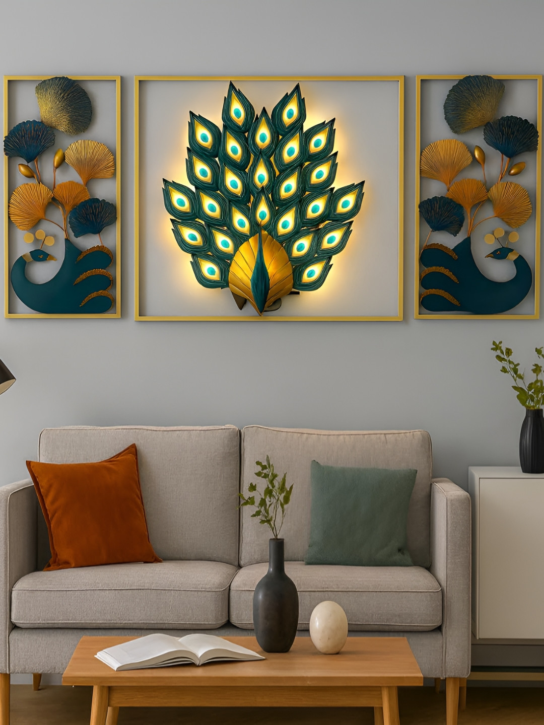 PRANJALS HOUSE Royal Peacock Wall Art Collection Green 3 Pcs Wall Decors With Led Light