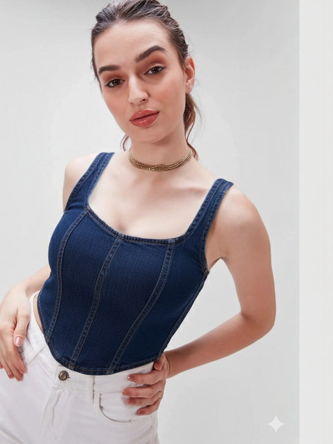 Pookiie Women Scoop Neck Denim Corset Top