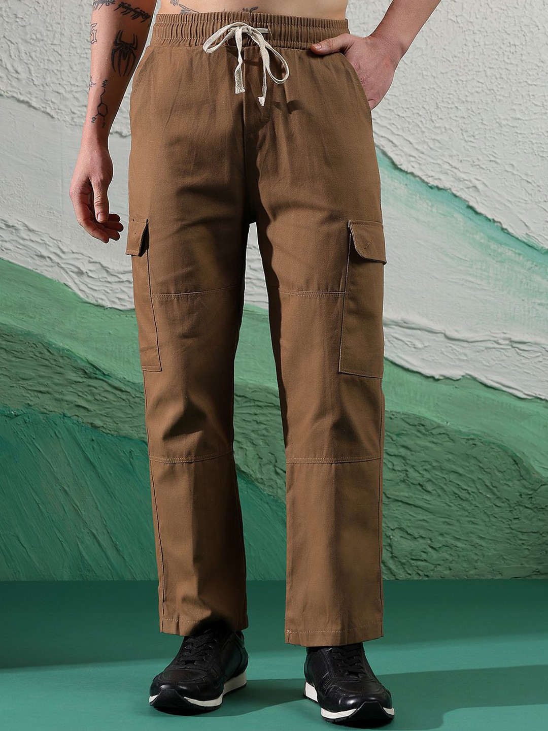 POPCULTR Men Loose Fit Mid-Rise Cotton Cargos Trousers