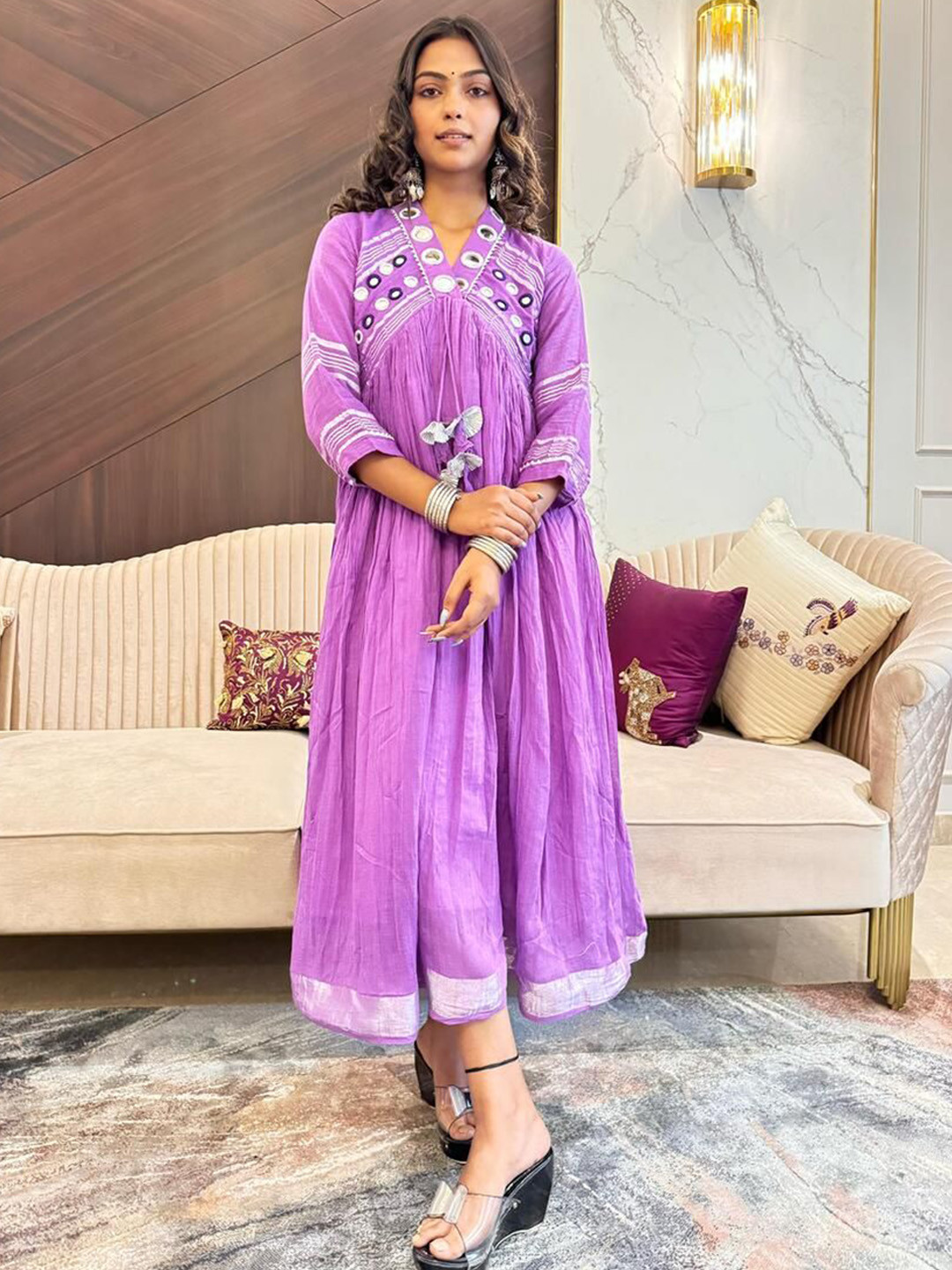 NEE DESIGNSS Striped Mirror Work Linen A-Line Ethnic Dress