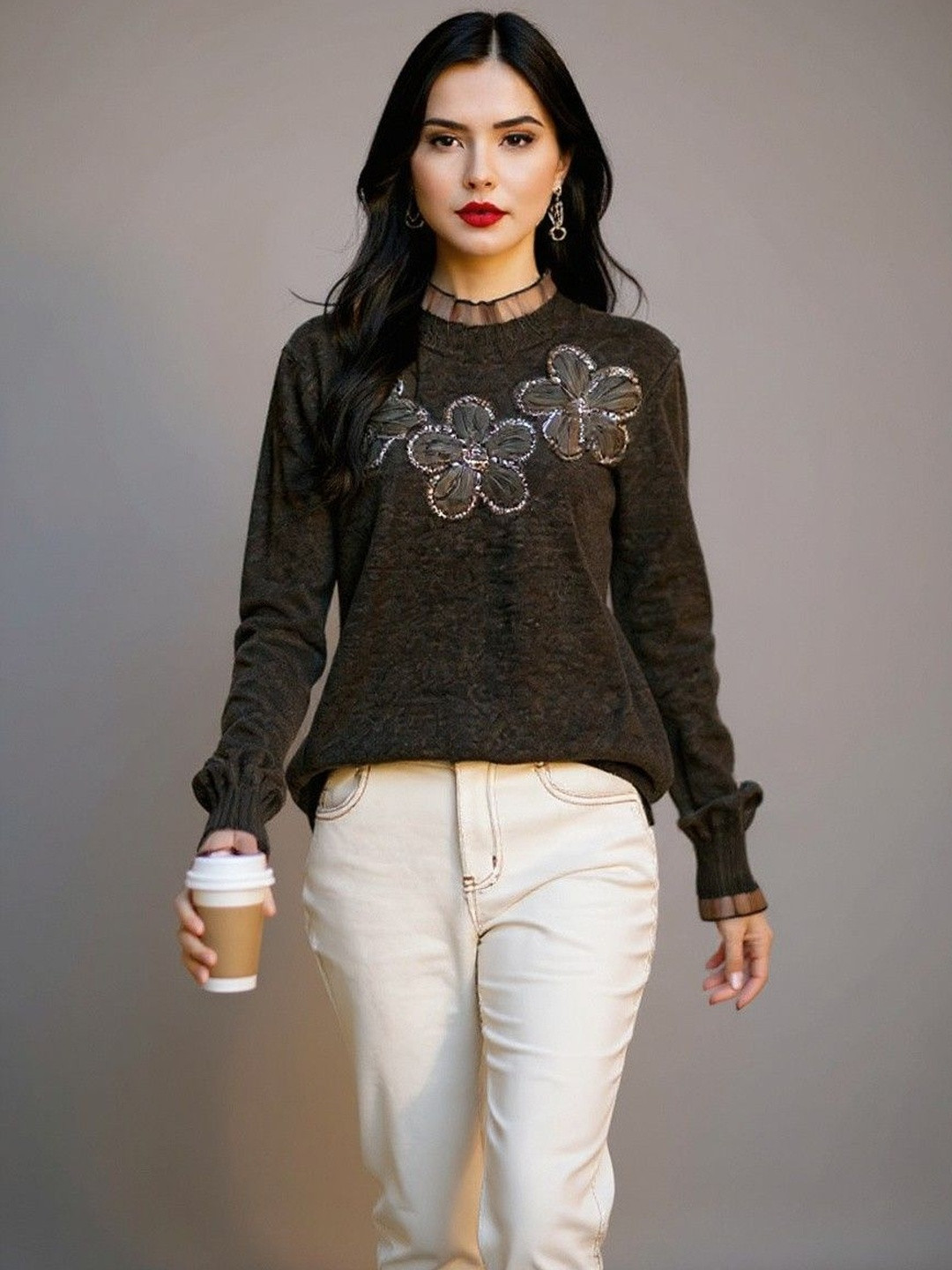 Mast & Harbour Women Floral Embellished Acrylic  Coffee Color High Neck Long Sleeves  Top