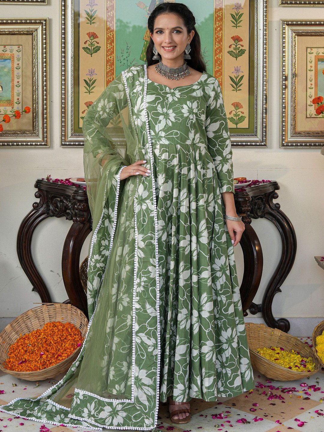 Indian Virasat Women Floral Printed Anakali Pure Cotton Wedding Kurta Set With Dupatta