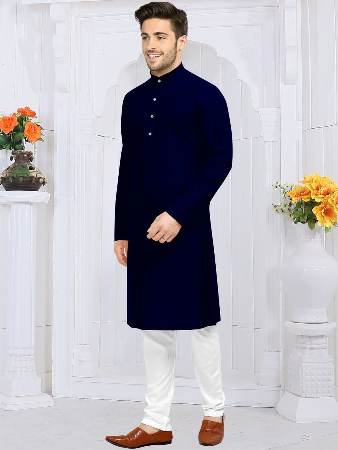 WOOMNY Mandarin Collar Long Sleeves Straight Kurta With Churidar