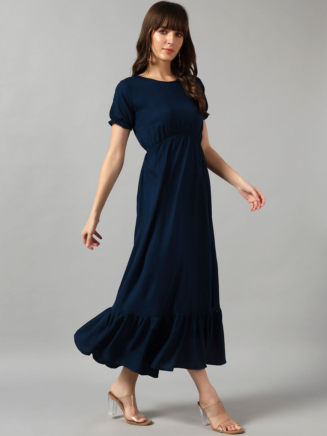 Jash Creation Women Blue Solid Round Neck Tiered Long Dress Flared Maxi Kurti