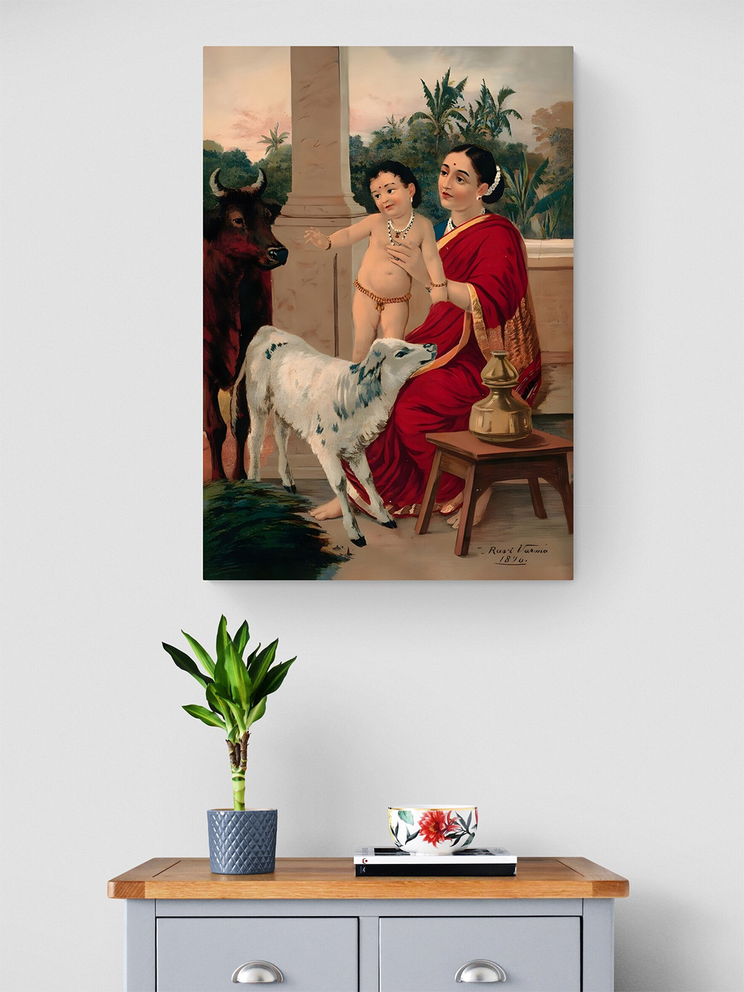 Tushaco Handicrafts Red & White Krishna YashodaPrinted Canvas Wall Art