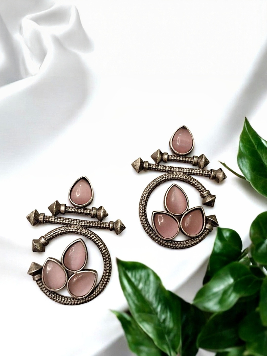INDIAURA MODE Silver-Plated Stones Studded Oxidized Teardrop Shaped Drop Earrings