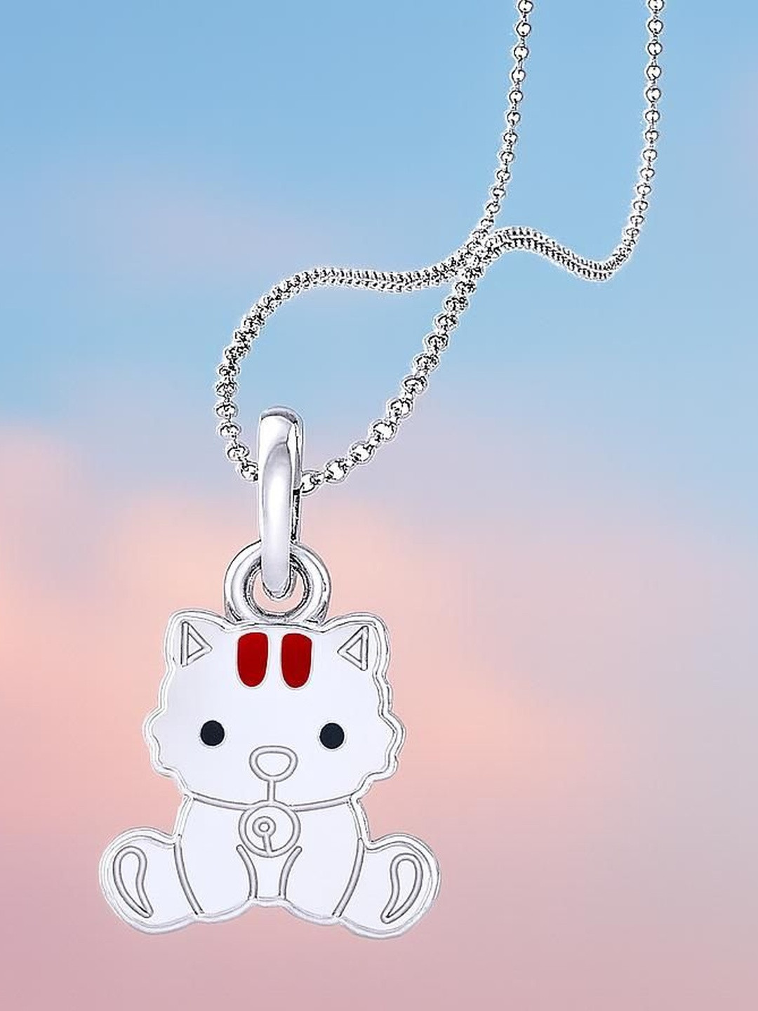 925 SILLER 925 Sterling Silver Rhodium-Plated Kitty Shaped Pendant With Chain