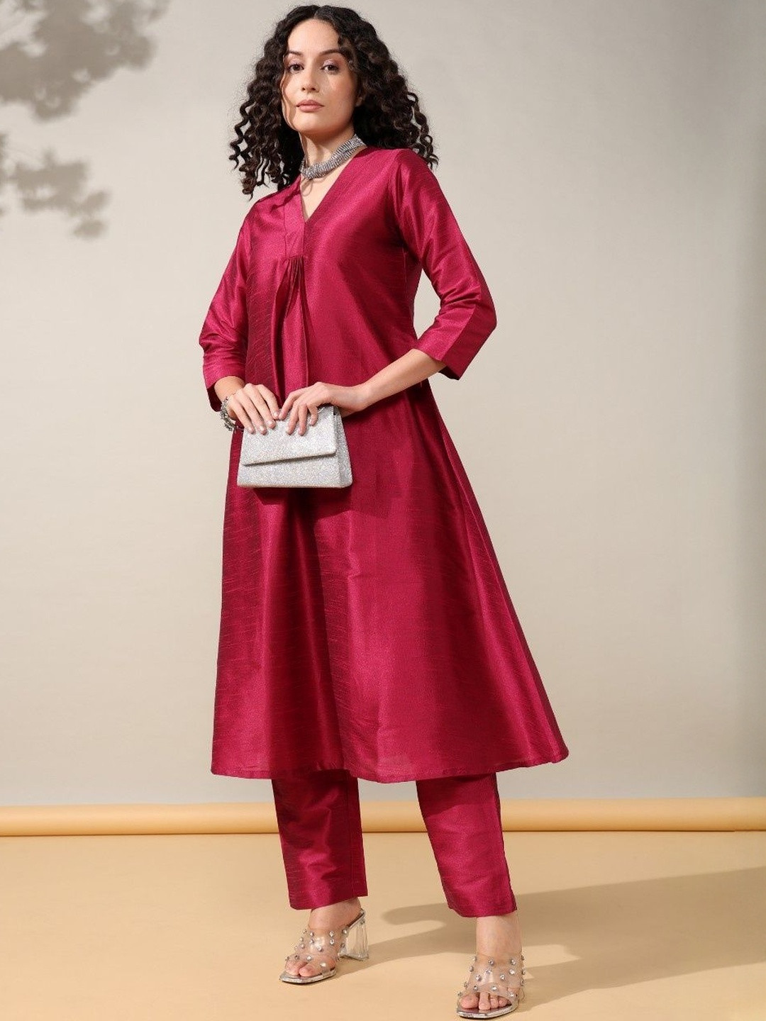 House of Kaftan V-Neck Pure Silk A-Line Kurta With Trousers