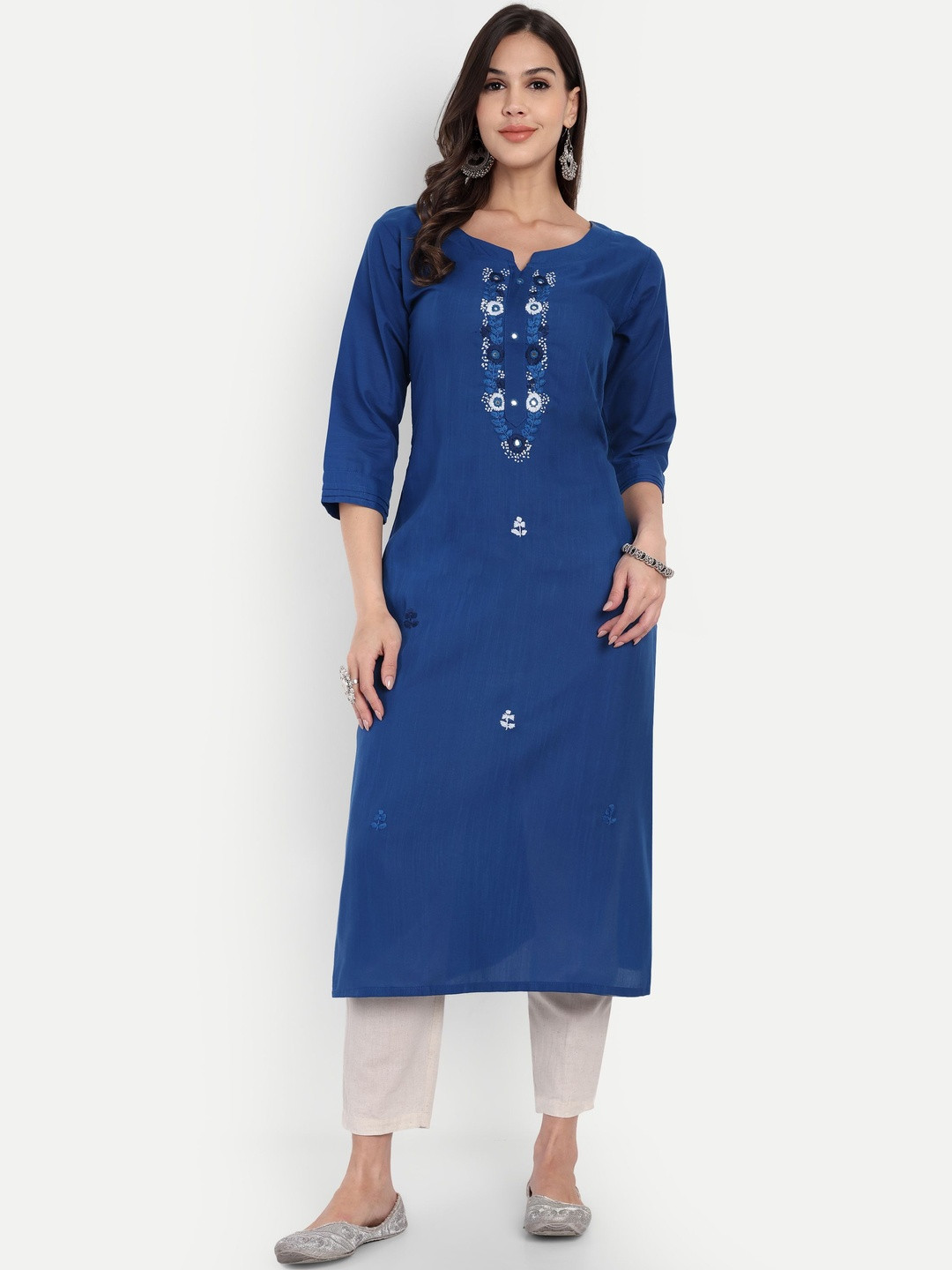 4u Fashion Floral Embroidered Notch Neck Cotton Straight Kurta