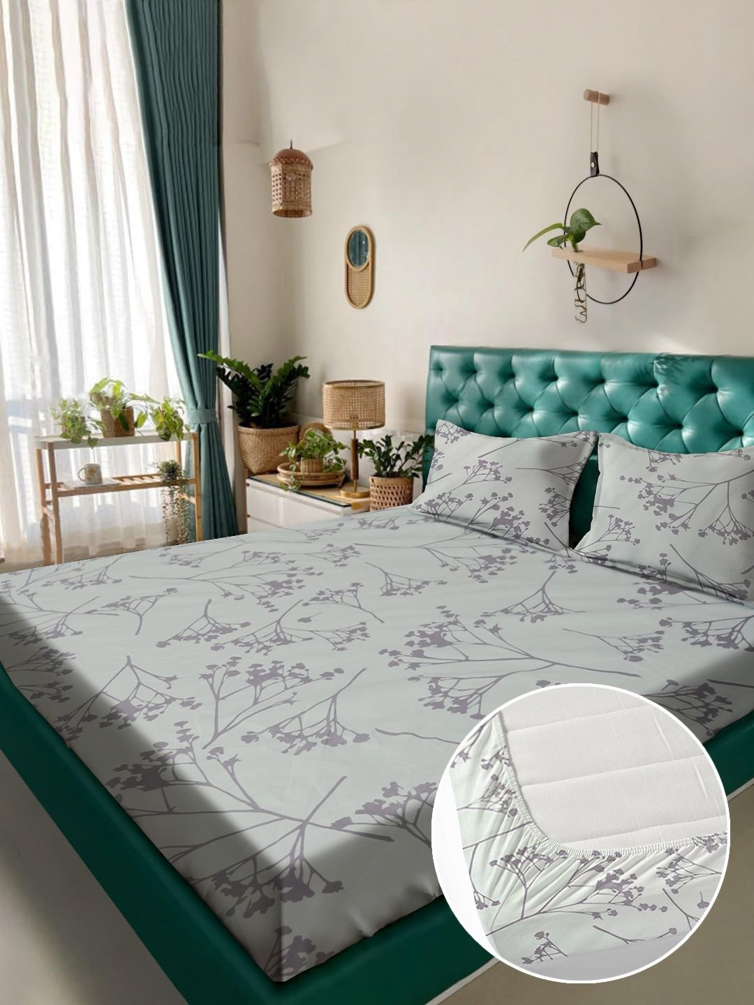 ROSARA HOME Printed 180 TC Fitted Polyester King Size Bedsheet With 2 Pillow Covers
