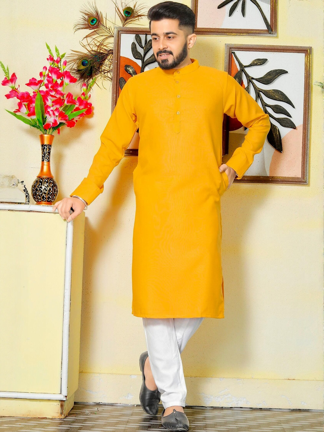 Archittam Men Yellow Cotton Blend Mandarin Collar Long Sleeves Solid Causal Kurta Sets
