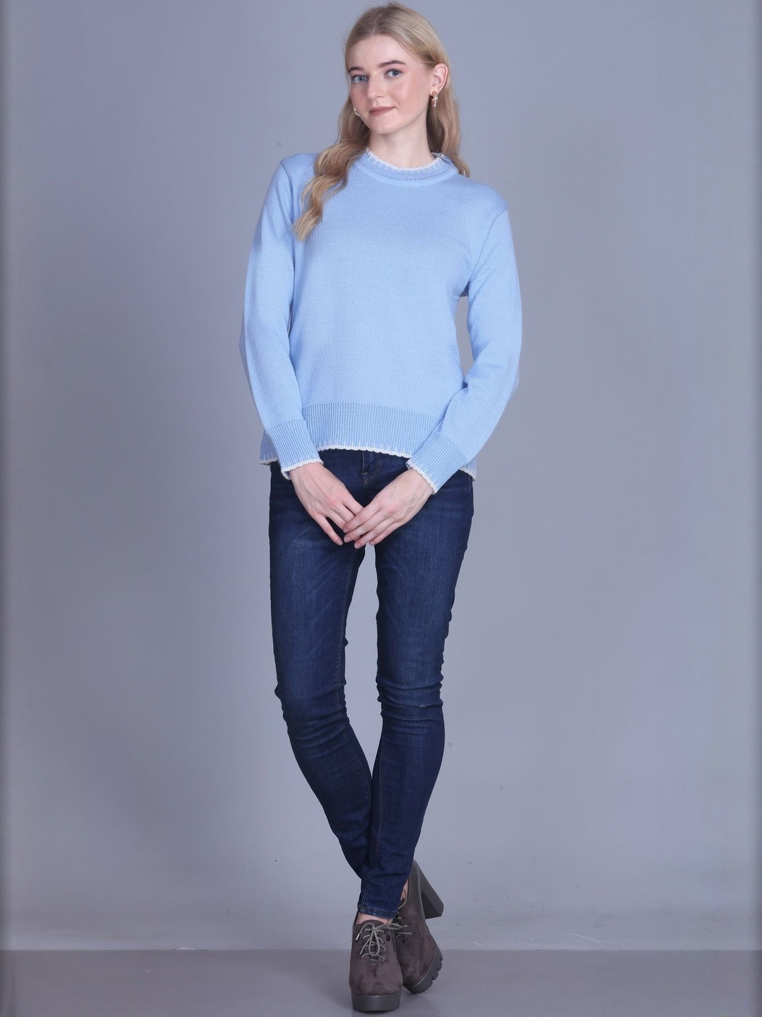 DressBerry Blue Women Knitted Round Neck Sweater