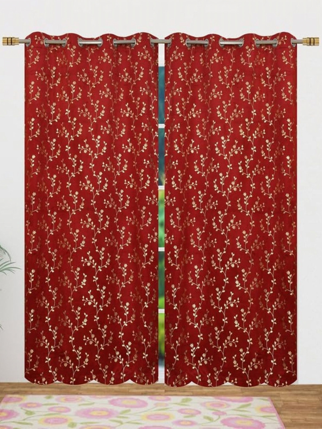 Kiara Creations Govinda Maroon 2 Pieces Printed Velvet Room Darkening Long Door Curtains