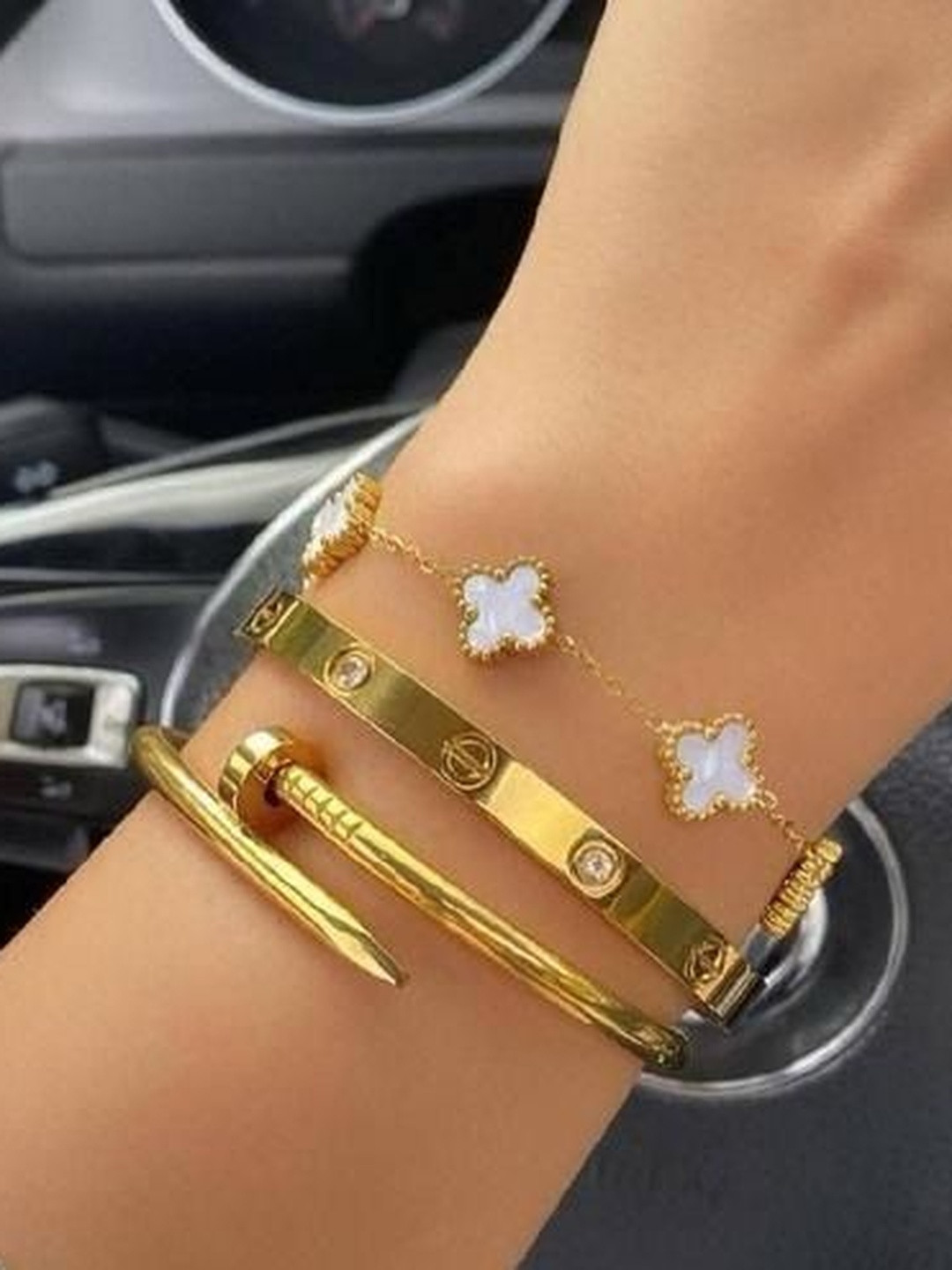 Glamgem Set Of 3 Gold-Plated Stainless Steel Artificial Stones Studded Cuff Bracelet