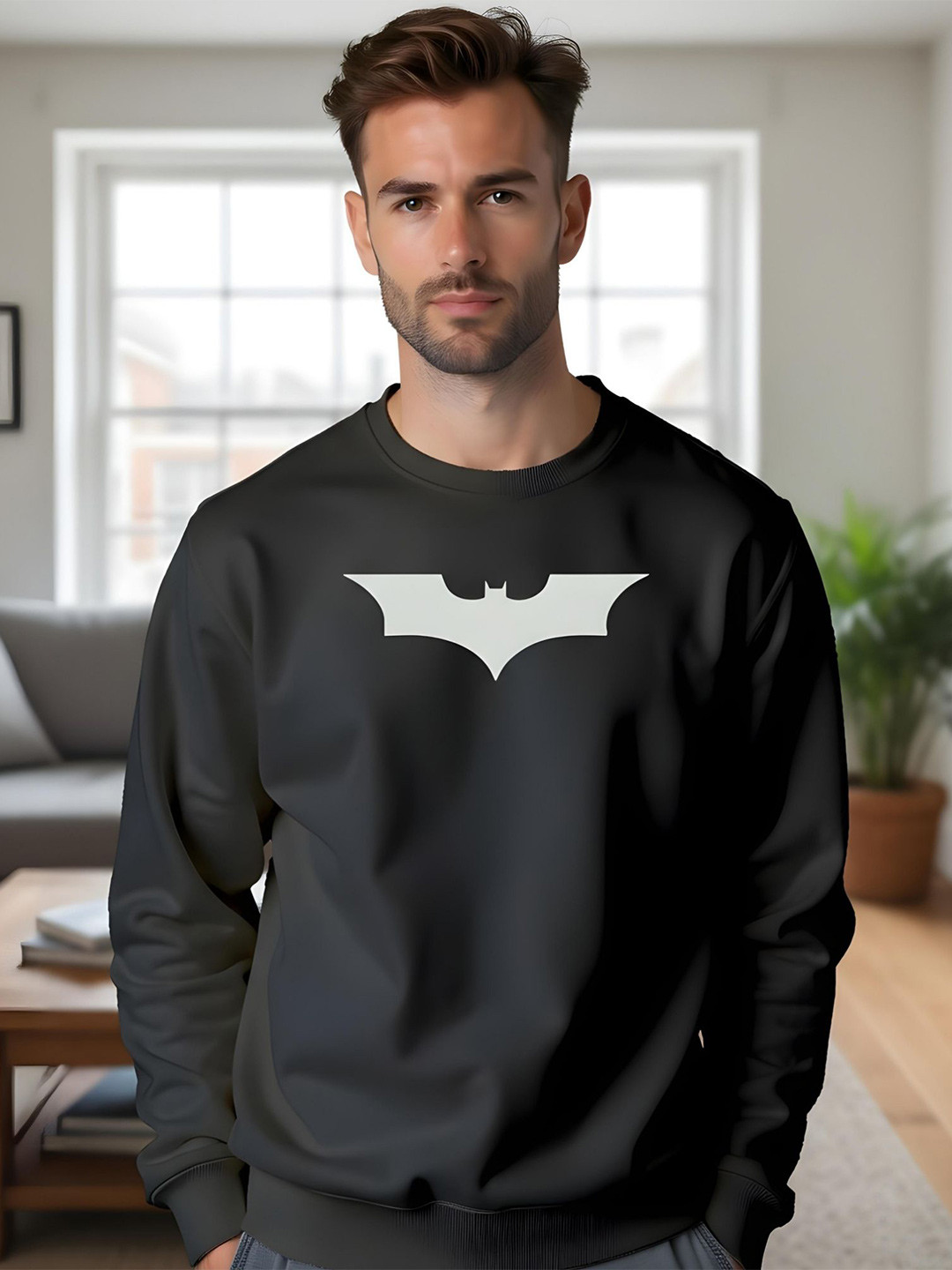 Black Batman Superhero Graphic Printed Round Neck Sweatshirt
