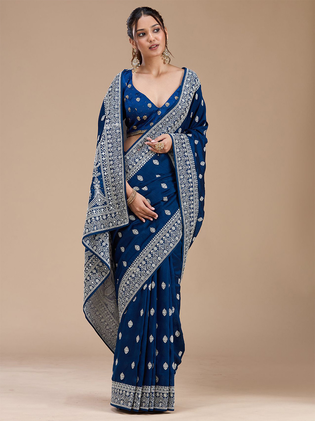 Koskii Peacock Blue Zari Work Soft Raw Silk Saree