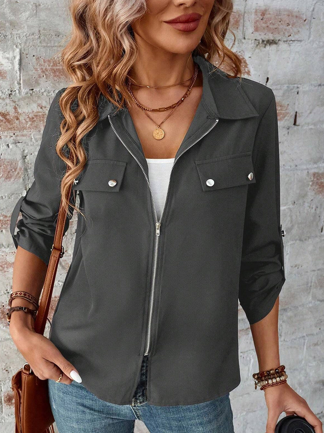 StyleCast Women Zip-Up Roll Tab Sleeve Utility Open Front Jacket