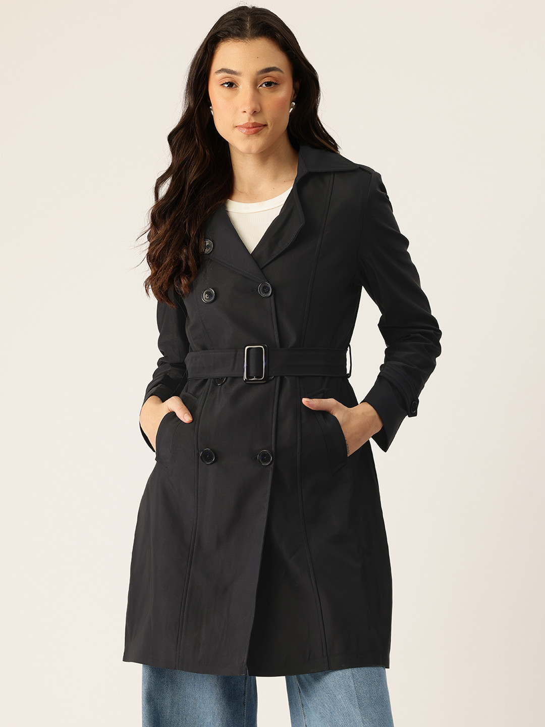 Okane Notched Lapel Collar Double-Breasted Belted Trench Coat