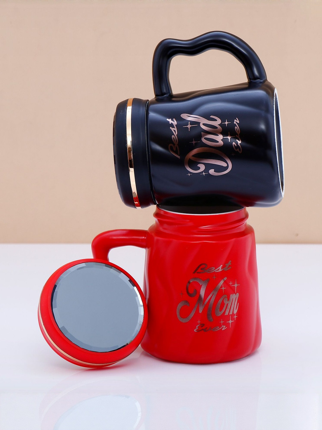 Archies Pack of 2 Red & Black Mom Dad Printed Ceramic Glossy Mug