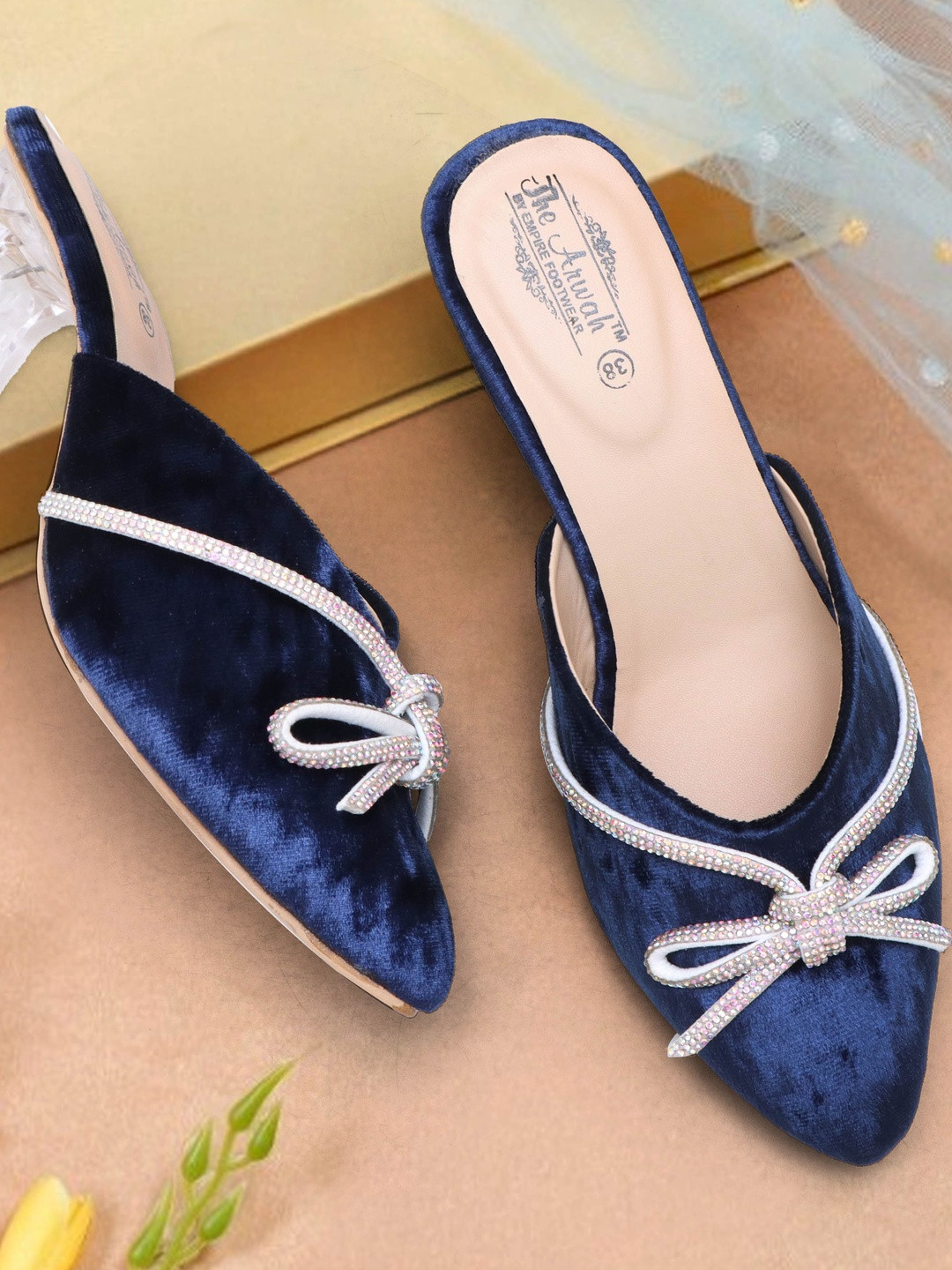 The arwah Women Velvet Crystal Bow Pumps