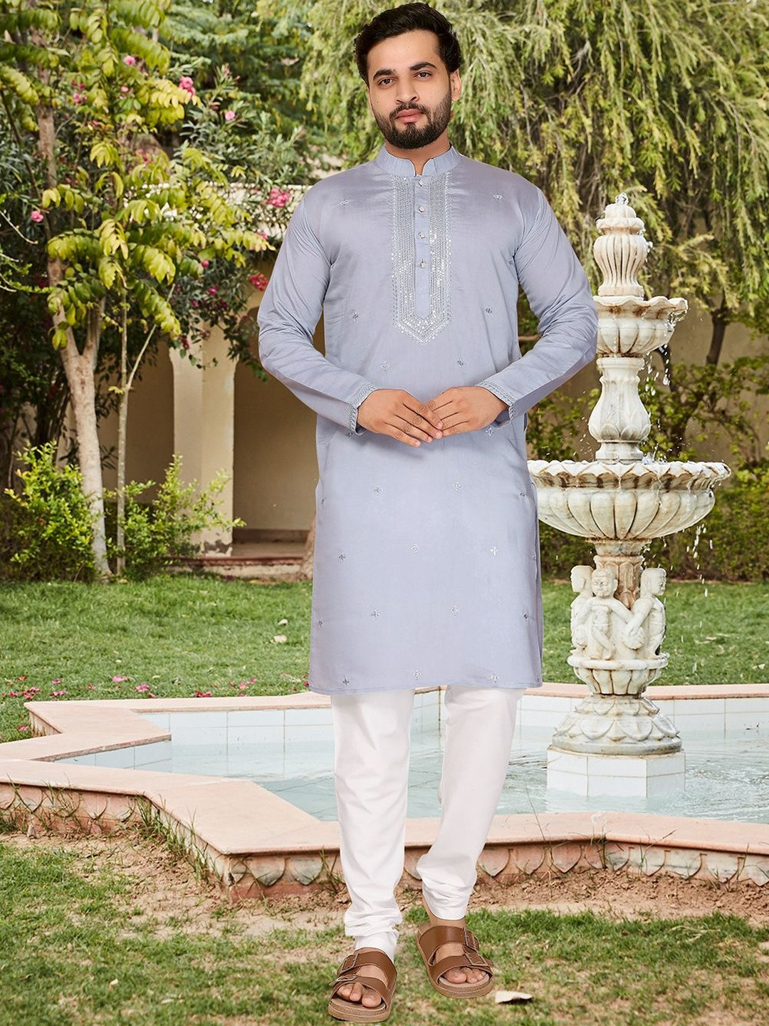 Moda Rapido Men Grey Cotton Silk Traditional Embroidered Kurta