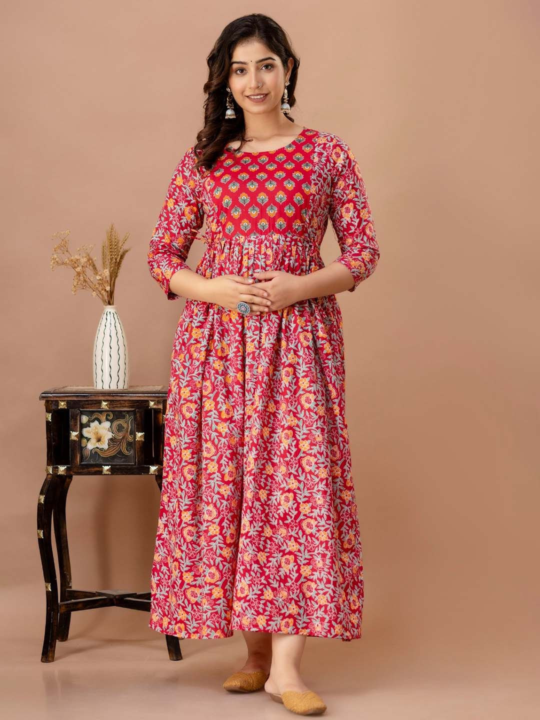 FASHION CLOUD Floral Printed Pure Cotton Fit & Flare Maternity Midi Ethnic Dress