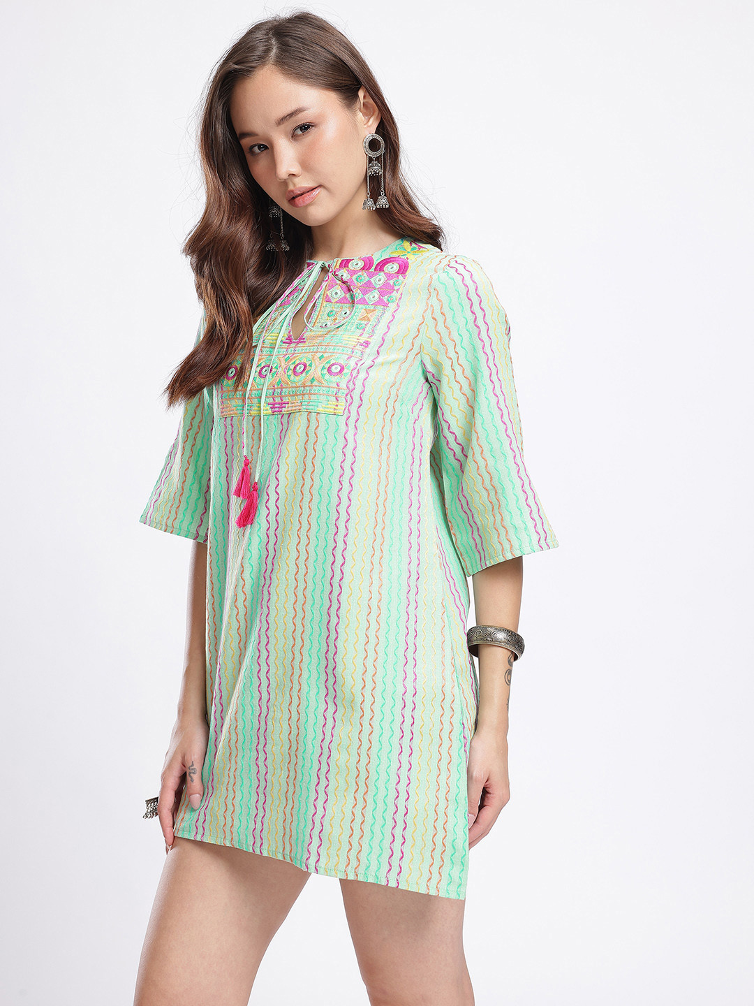 Glitchez Embroidered Mini Dress with Stripes