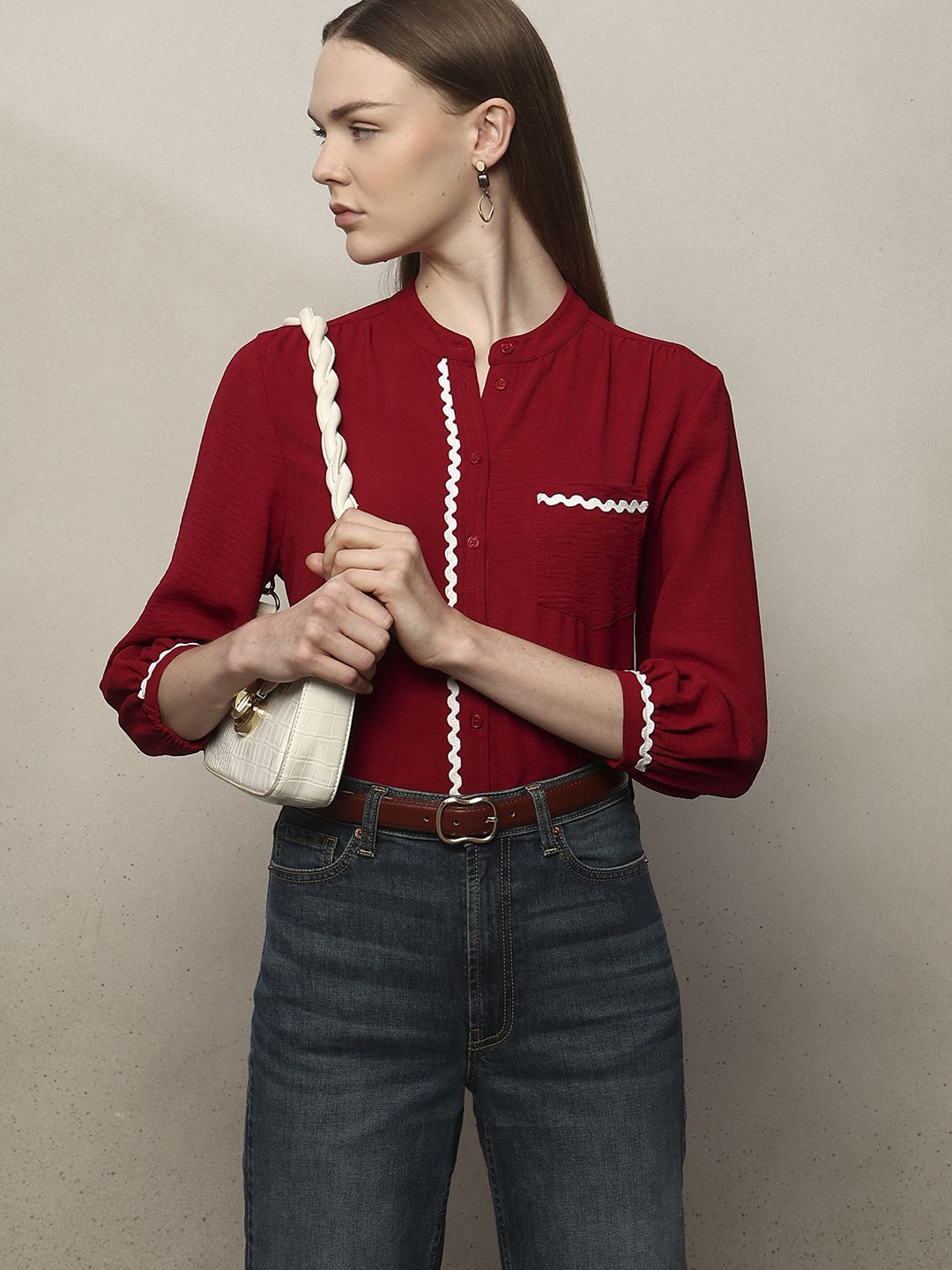 Vero Moda Fiona Mandarin Collar Pure Cotton Regular Fit Casual Shirt
