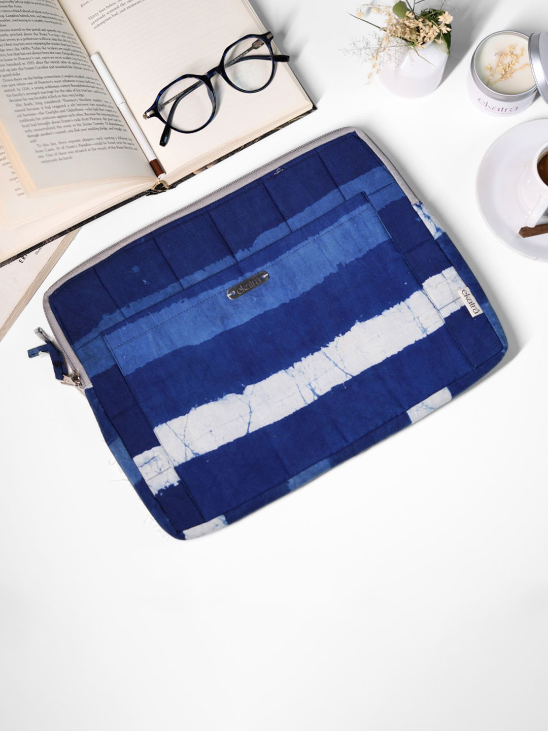 Ekatra Women Indigo Stripes Cotton Laptop Sleeve Cover
