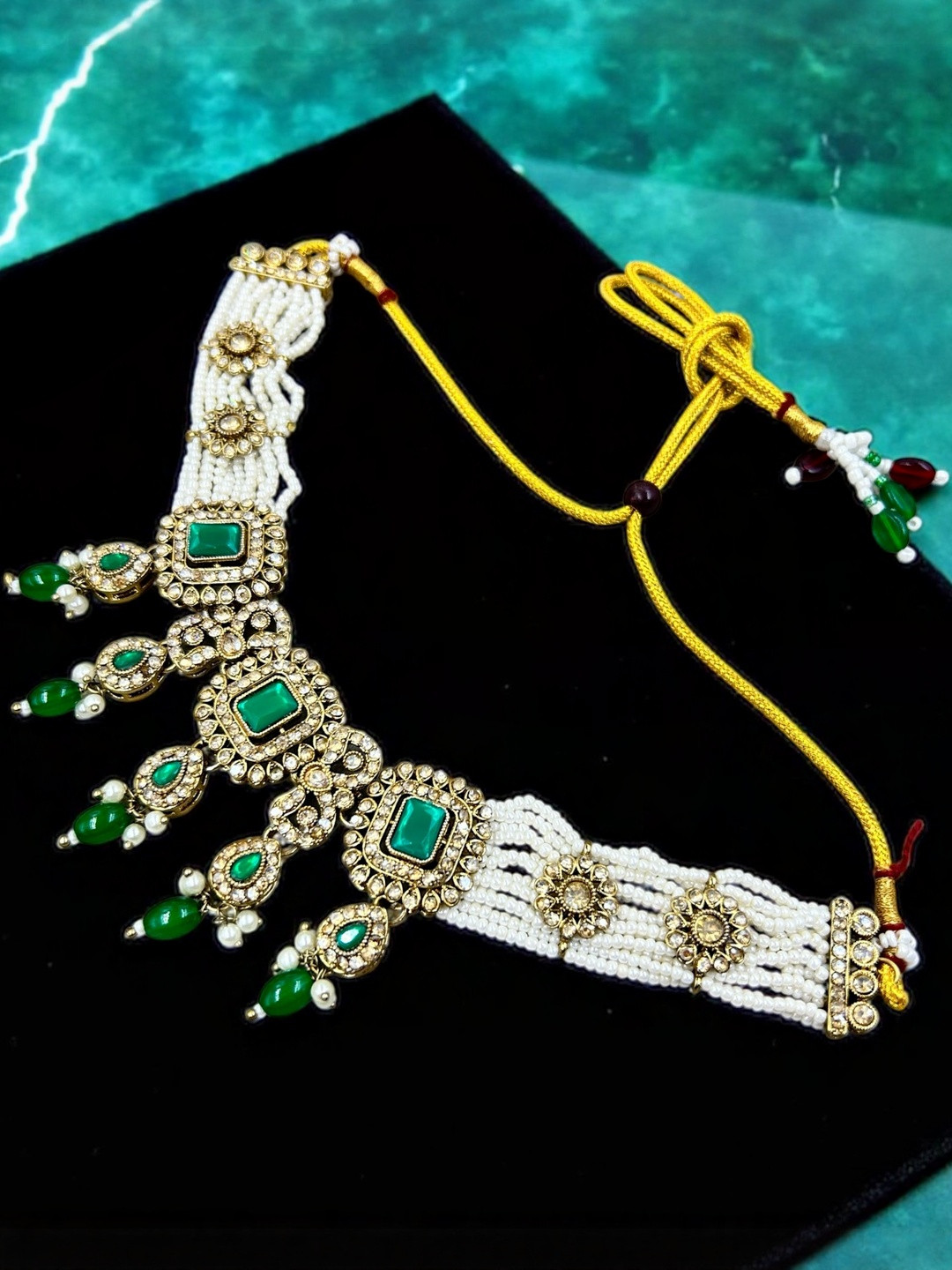 ANTIQUE JEWELLERY White Beads & Green Stone Copper Plated Kundan Choker Set