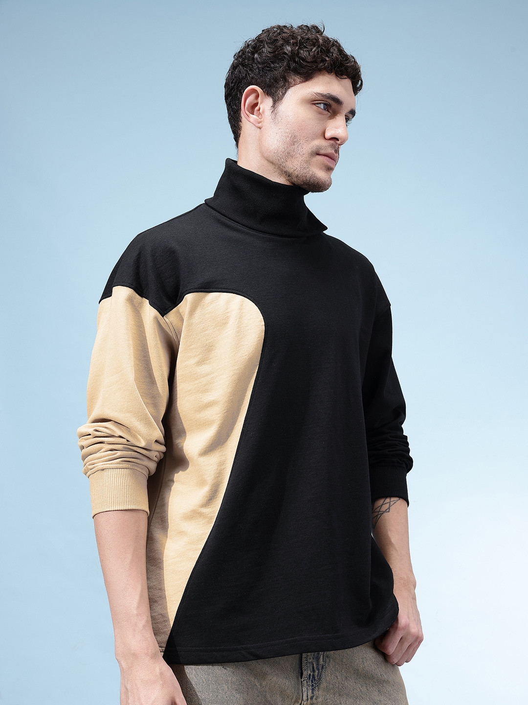 glitchez Colorblocked Turtle Neck Relaxed Fit Pullover Sweatshirt