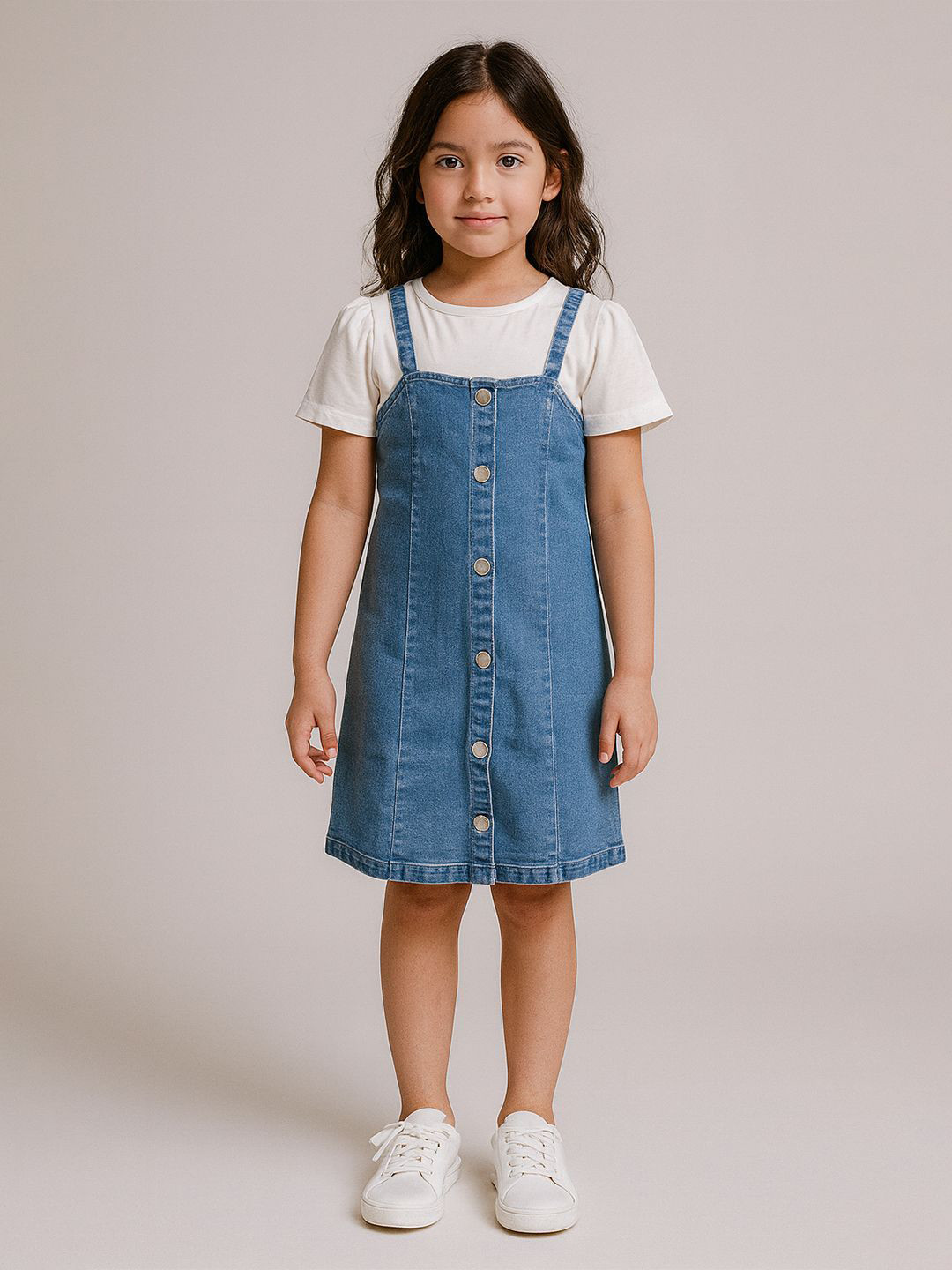 Kidbea Girls Shoulder Straps Cotton Denim Pinafore Dress With Inner Top