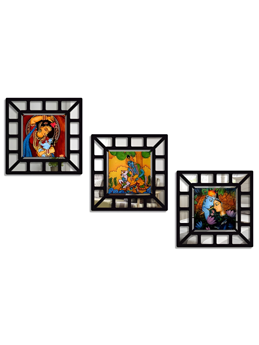 SEHAZ ARTWORKS Black & Blue 3 Pieces Lord Krishna Printed Wooden Wall Arts