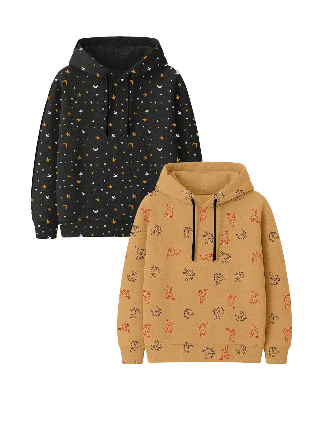 Fasha Kids-Unisex Pack Of 2 Multi Printed Hooded Cotton Pullover Sweatshirts