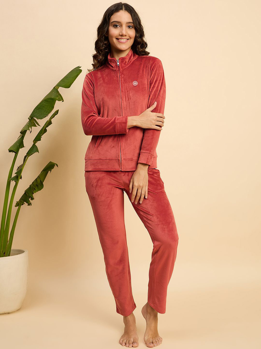 KIZA Women Brick Red Solid Velvet High Neck Zip Front Top & Pyjamas Night Suit