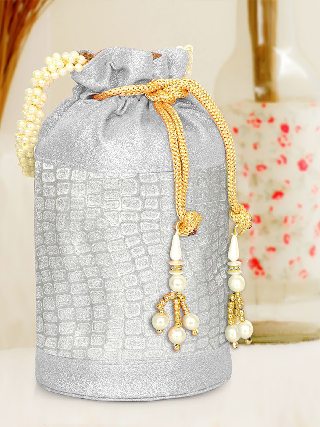 MISHA Textured Wrist Loop Ethnic Potli Clutch With Drawstring Closure