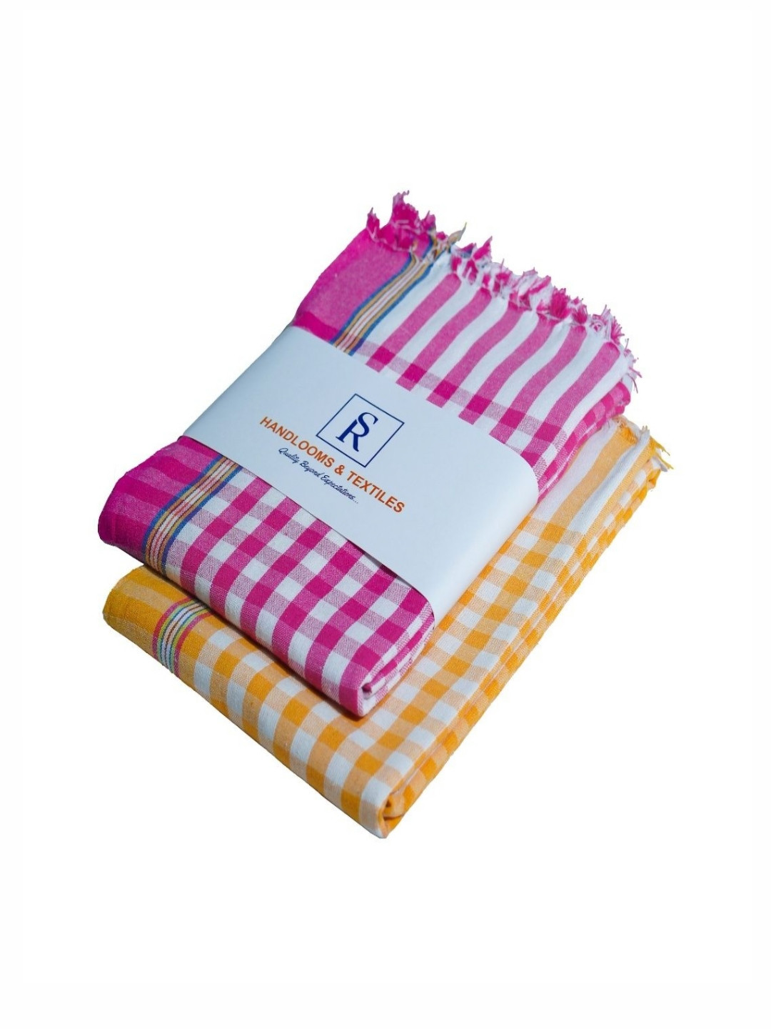 SR HANDLOOMS AND TEXTILES Pink & Yellow 2 Pieces Striped Pure Cotton 400 GSM Bath Towels