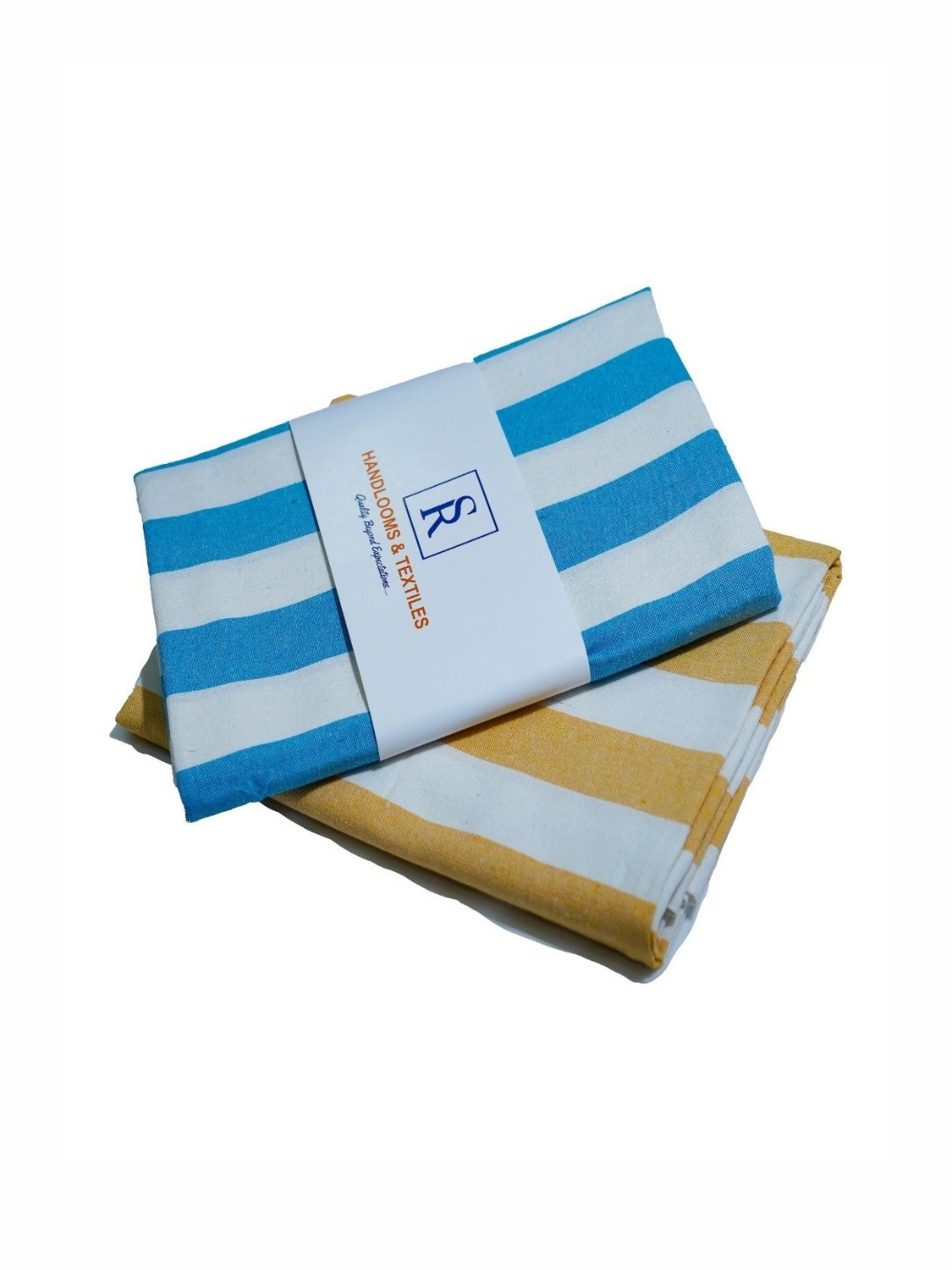 SR HANDLOOMS AND TEXTILES Blue & Yellow 2 Pieces Striped Pure Cotton 400 GSM Bath Towels