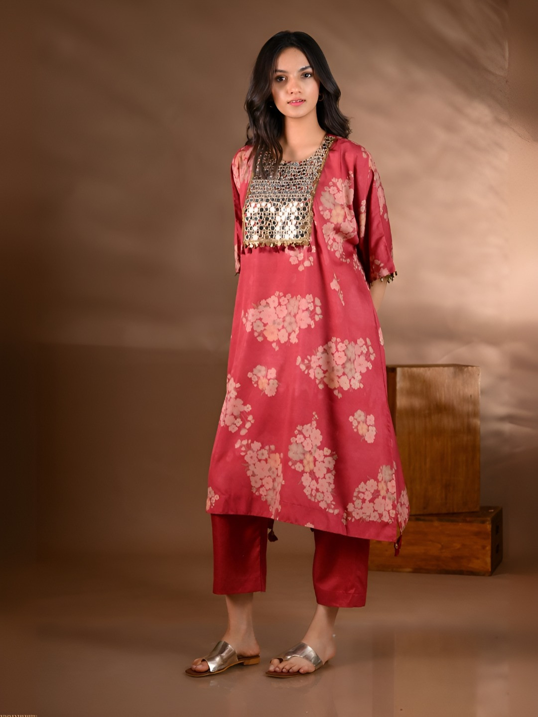 SHOP GULMOHAR Women Floral Printed A-Line Kurta with Trousers